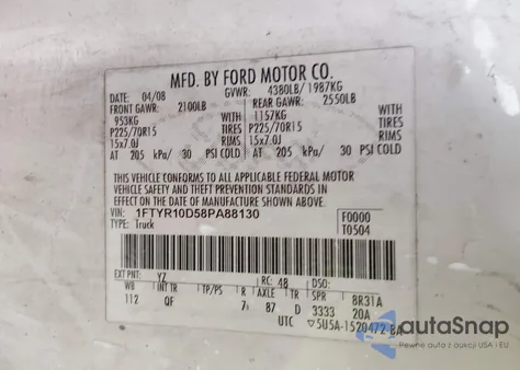 2008 Ford Ranger Xl/Xlt z USA, uszkodzony, nr VIN 1FTYR10D58PA88130